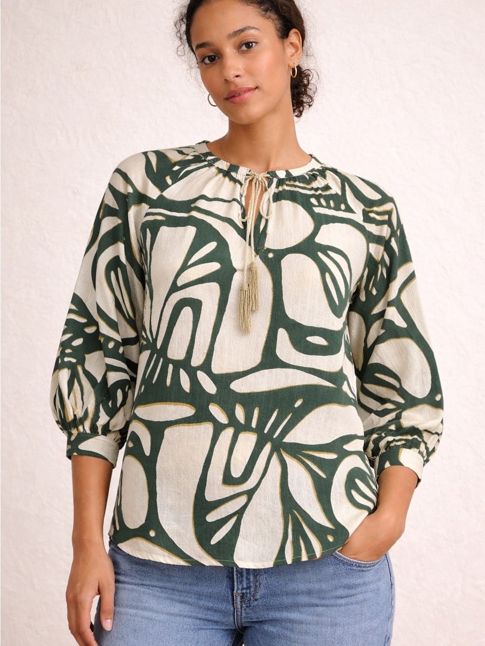 Green & Cream Abstract Print Peasant Blouse with Tassel Tie